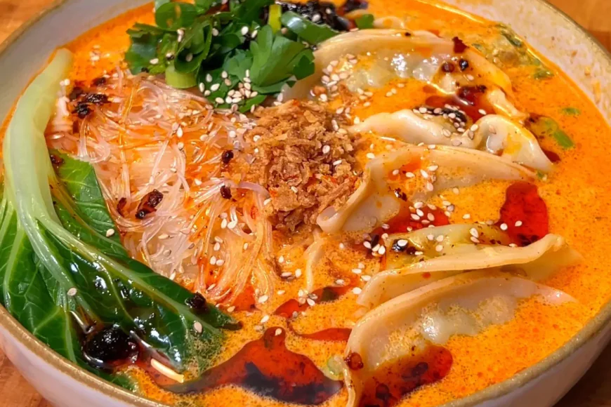 Spicy Curry Noodle Soup with Dumplings