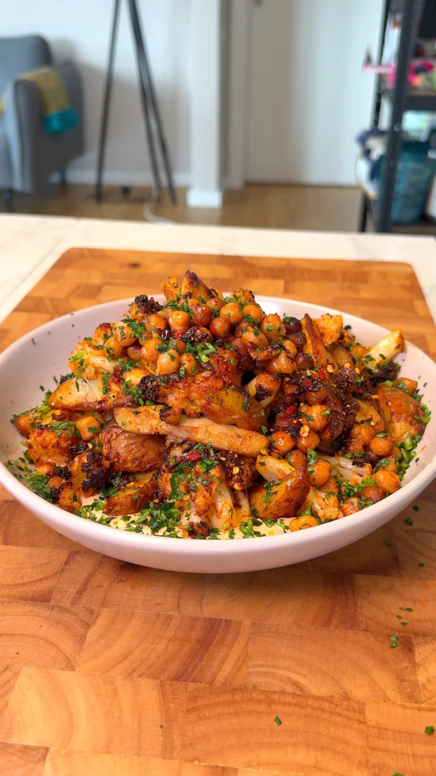 Roasted Chickpeas with Cauliflower and Potato in Spiced Tahini Dressing