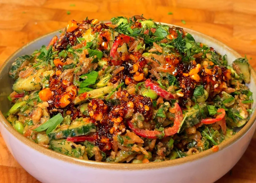 Crispy Chili Rice Salad with Creamy Peanut Dressing