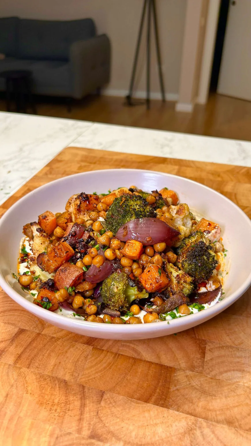 Roasted Vegetables and Chickpeas with Creamy Tahini Yogurt Dressing