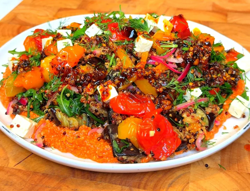 Roasted Veggie Grain Bowl with Red Pepper-Cashew Dip