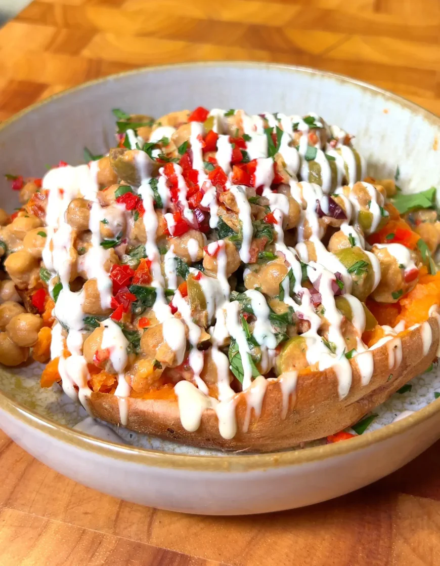 Loaded Baked Sweet Potatoes with Crispy Chickpeas and Tahini Sauce