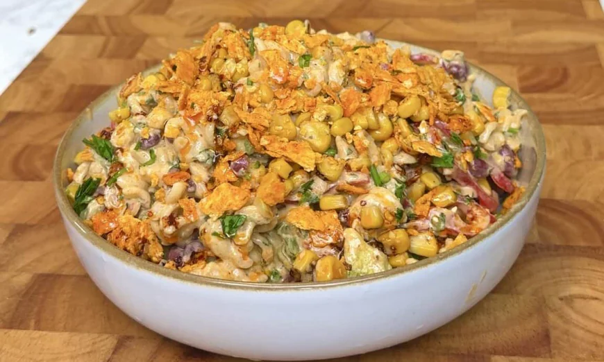 Smoky Roasted Corn and Pasta Salad with Avocado and Vegan Feta