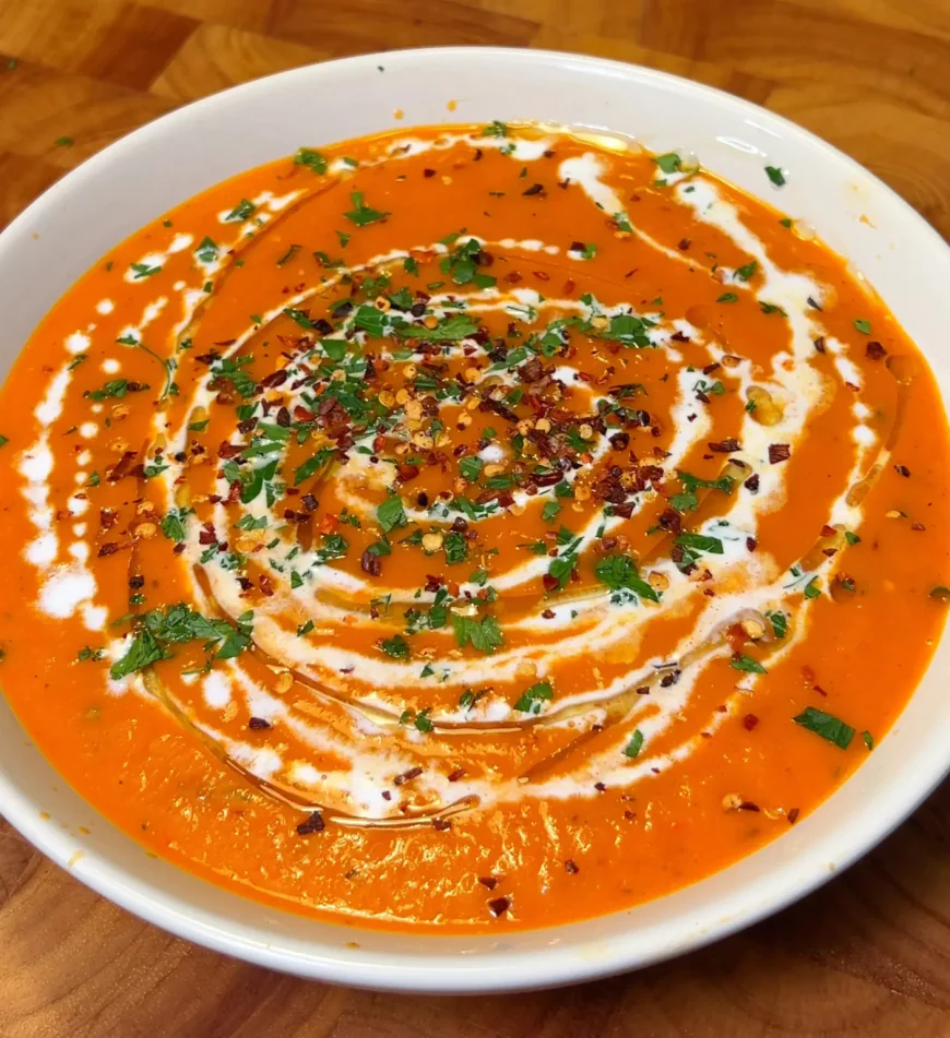 Roasted Sweet Potato Soup with Carrots and Red Peppers